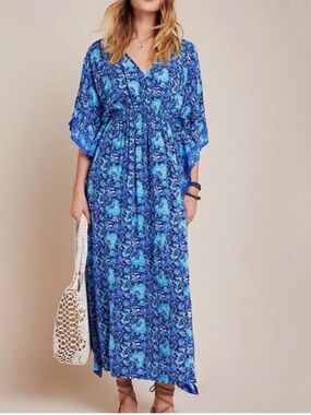 Rujuta Sheth Blue Floral V-Neck Maxi Dress